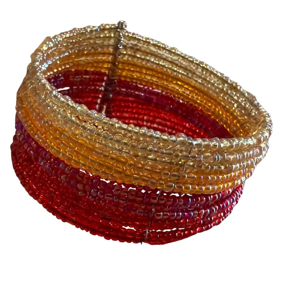 Red Orange Gold Seed Bead Multi Strand Memory Wire Wrap Cuff Bracelet